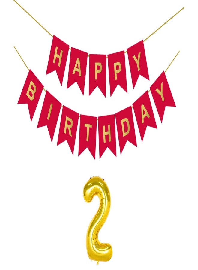Flyloons 2nd Red Colour Happy Birthday Banner Decoration Kit for 2 year Old Boys Girls Baby | with Number Two | 13 Pcs Reusable Cardstock Happy Birthday Paper Banner